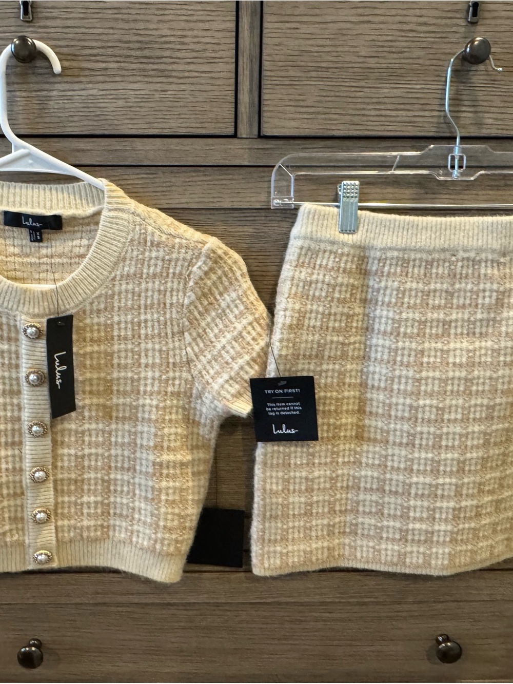 Lulu's Cream Plaid Knit Cropped Cardigan & Mini Skirt Set